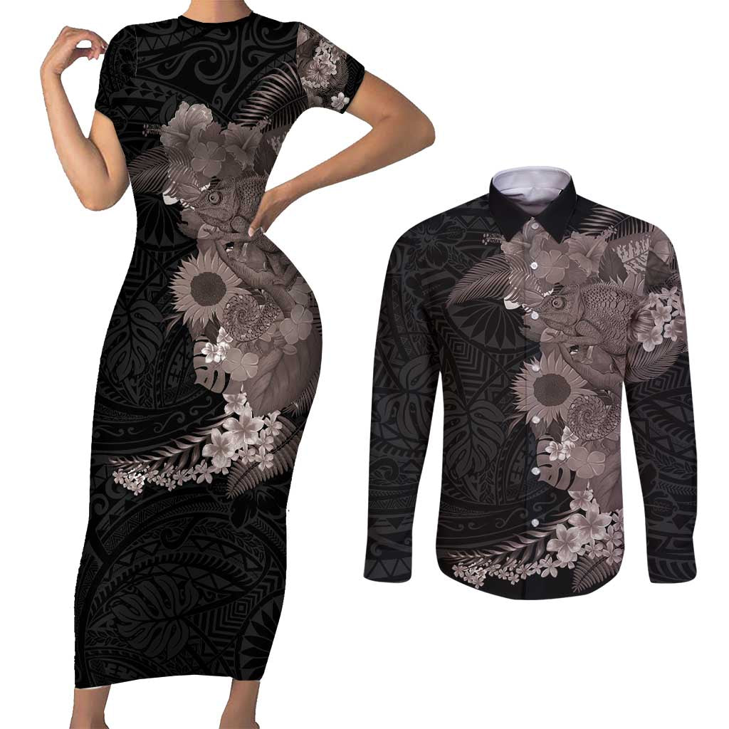 Hawaiian Tropical Plants and Chameleon Couples Matching Short Sleeve Bodycon Dress and Long Sleeve Button Shirt Polynesian Art Grayscale LT03 Black - Polynesian Pride