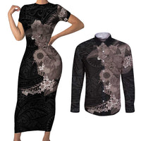 Hawaiian Tropical Plants and Chameleon Couples Matching Short Sleeve Bodycon Dress and Long Sleeve Button Shirt Polynesian Art Grayscale LT03 Black - Polynesian Pride