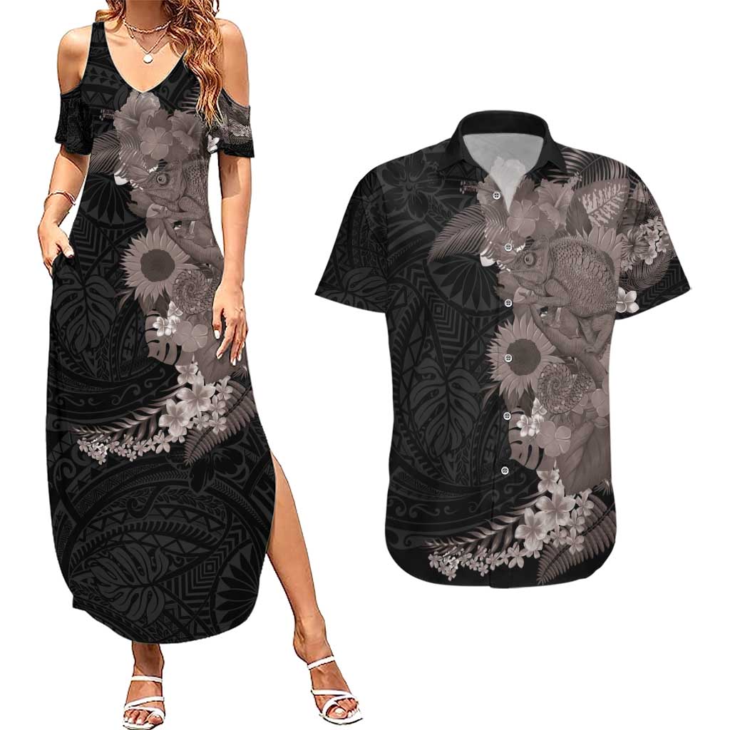 Hawaiian Tropical Plants and Chameleon Couples Matching Summer Maxi Dress and Hawaiian Shirt Polynesian Art Grayscale LT03 Black - Polynesian Pride