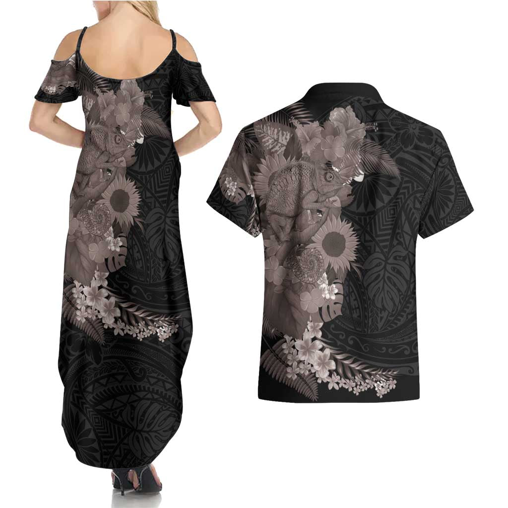 Hawaiian Tropical Plants and Chameleon Couples Matching Summer Maxi Dress and Hawaiian Shirt Polynesian Art Grayscale LT03 - Polynesian Pride