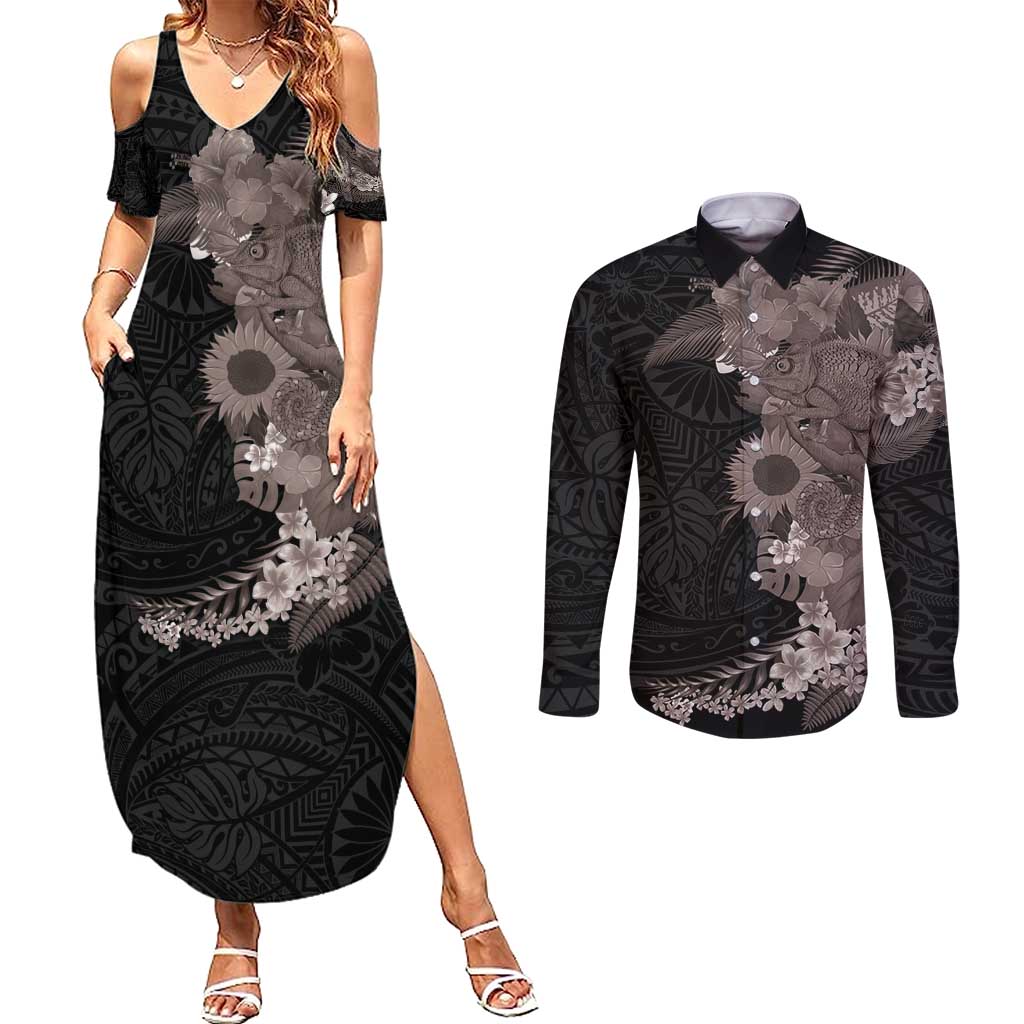Hawaiian Tropical Plants and Chameleon Couples Matching Summer Maxi Dress and Long Sleeve Button Shirt Polynesian Art Grayscale LT03 Black - Polynesian Pride