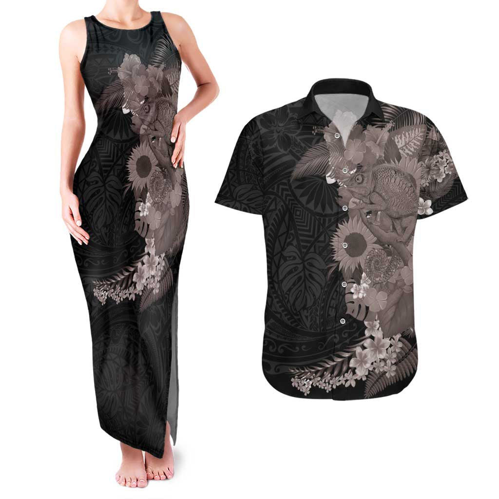 Hawaiian Tropical Plants and Chameleon Couples Matching Tank Maxi Dress and Hawaiian Shirt Polynesian Art Grayscale LT03 Black - Polynesian Pride