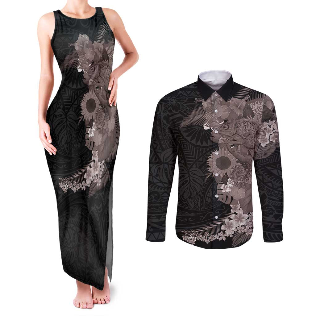 Hawaiian Tropical Plants and Chameleon Couples Matching Tank Maxi Dress and Long Sleeve Button Shirt Polynesian Art Grayscale LT03 Black - Polynesian Pride