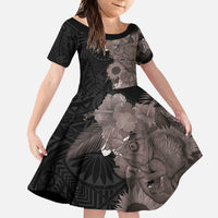 Hawaiian Tropical Plants and Chameleon Family Matching Long Sleeve Bodycon Dress and Hawaiian Shirt Polynesian Art Grayscale - Polynesian Pride