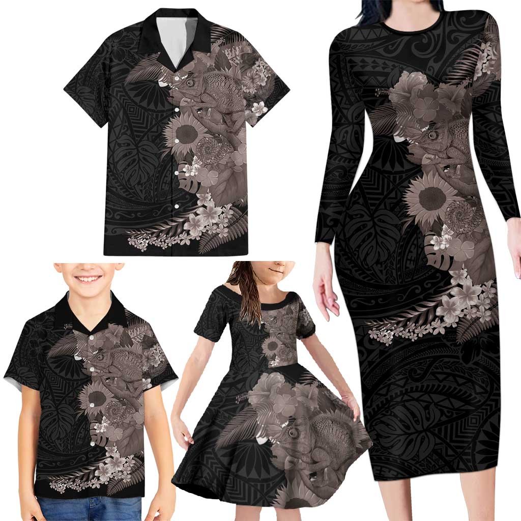 Hawaiian Tropical Plants and Chameleon Family Matching Long Sleeve Bodycon Dress and Hawaiian Shirt Polynesian Art Grayscale - Polynesian Pride