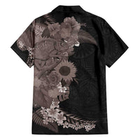 Hawaiian Tropical Plants and Chameleon Family Matching Long Sleeve Bodycon Dress and Hawaiian Shirt Polynesian Art Grayscale - Polynesian Pride