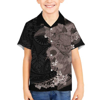 Hawaiian Tropical Plants and Chameleon Family Matching Long Sleeve Bodycon Dress and Hawaiian Shirt Polynesian Art Grayscale - Polynesian Pride