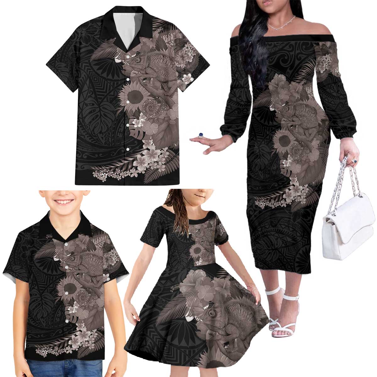 Hawaiian Tropical Plants and Chameleon Family Matching Off The Shoulder Long Sleeve Dress and Hawaiian Shirt Polynesian Art Grayscale LT03 - Polynesian Pride