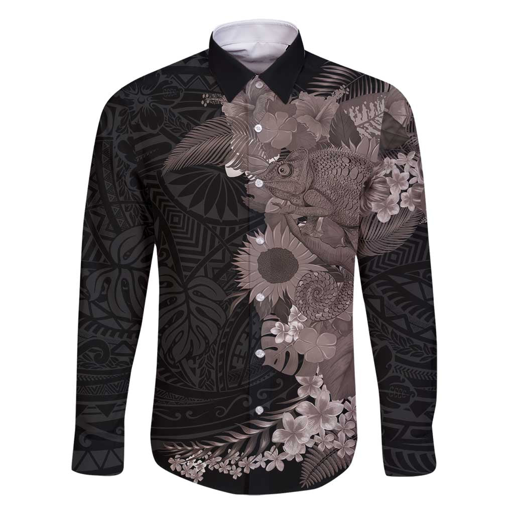 Hawaiian Tropical Plants and Chameleon Family Matching Off Shoulder Maxi Dress and Hawaiian Shirt Polynesian Art Grayscale - Polynesian Pride