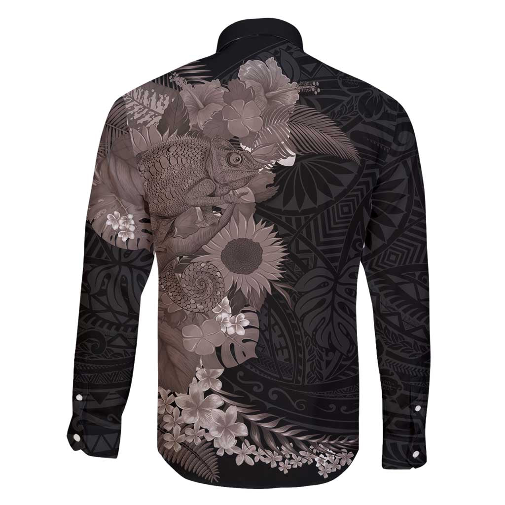 Hawaiian Tropical Plants and Chameleon Family Matching Off Shoulder Maxi Dress and Hawaiian Shirt Polynesian Art Grayscale - Polynesian Pride