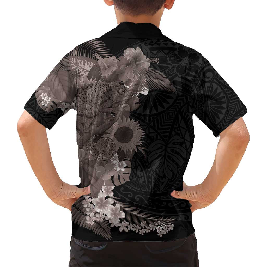 Hawaiian Tropical Plants and Chameleon Family Matching Off Shoulder Short Dress and Hawaiian Shirt Polynesian Art Grayscale - Polynesian Pride