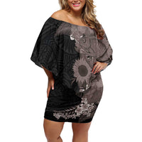 Hawaiian Tropical Plants and Chameleon Family Matching Off Shoulder Short Dress and Hawaiian Shirt Polynesian Art Grayscale - Polynesian Pride