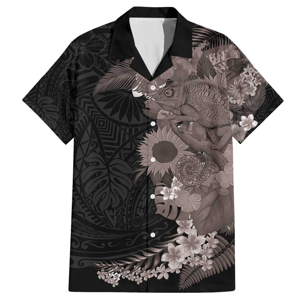 Hawaiian Tropical Plants and Chameleon Family Matching Summer Maxi Dress and Hawaiian Shirt Polynesian Art Grayscale - Polynesian Pride
