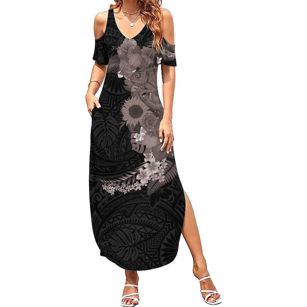Hawaiian Tropical Plants and Chameleon Family Matching Summer Maxi Dress and Hawaiian Shirt Polynesian Art Grayscale - Polynesian Pride