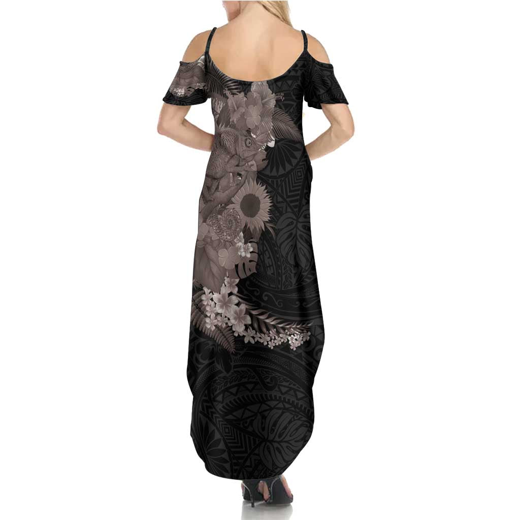 Hawaiian Tropical Plants and Chameleon Family Matching Summer Maxi Dress and Hawaiian Shirt Polynesian Art Grayscale - Polynesian Pride
