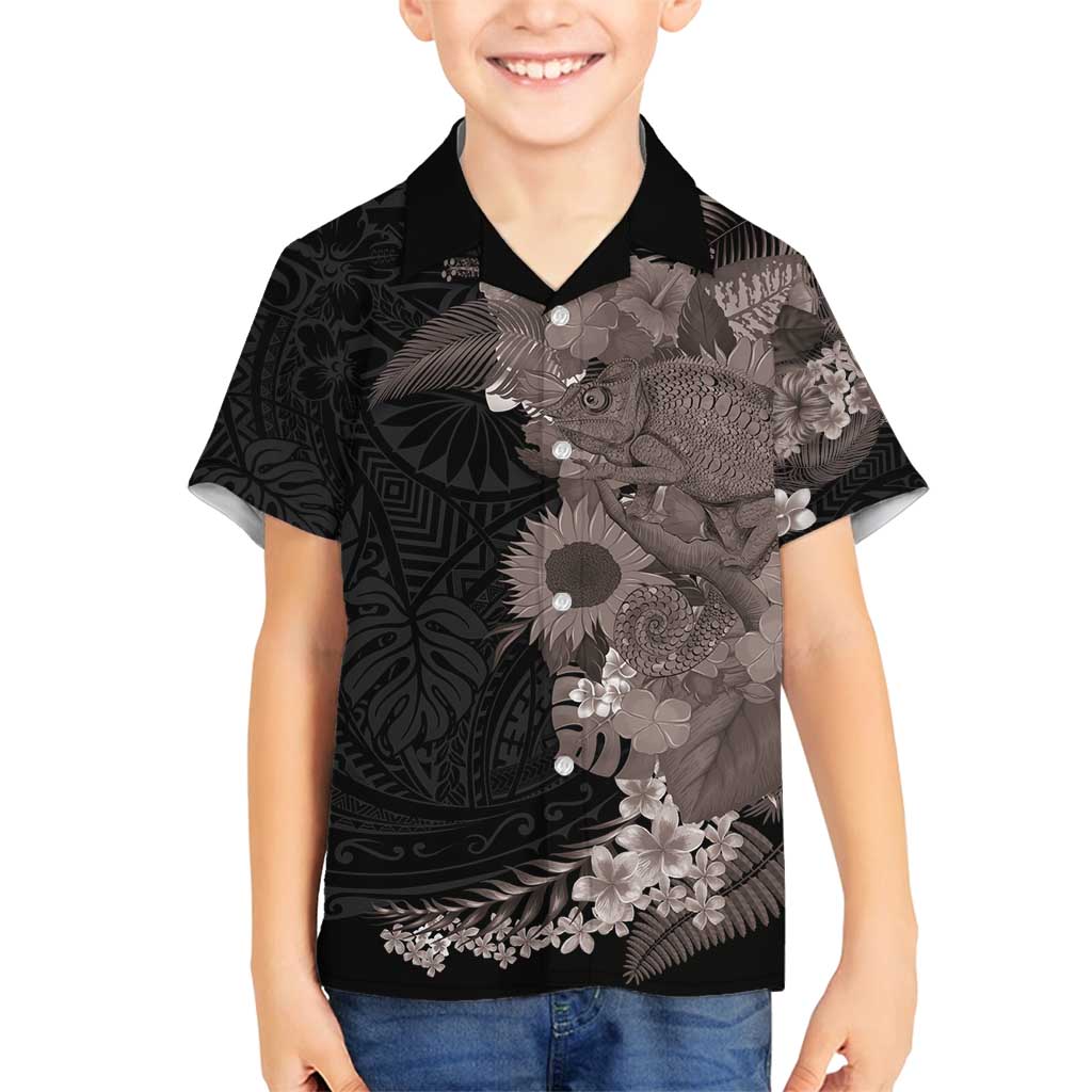Hawaiian Tropical Plants and Chameleon Family Matching Summer Maxi Dress and Hawaiian Shirt Polynesian Art Grayscale - Polynesian Pride