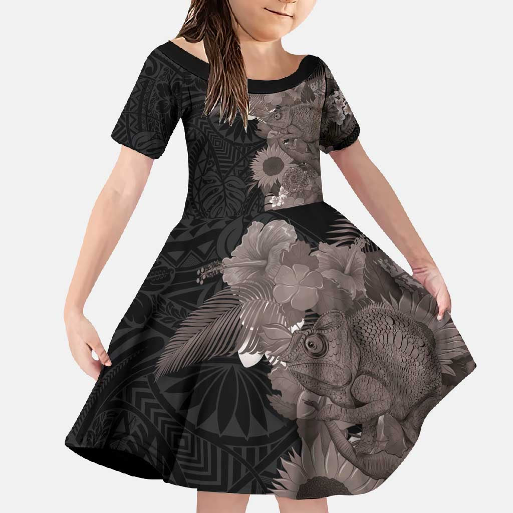 Hawaiian Tropical Plants and Chameleon Family Matching Tank Maxi Dress and Hawaiian Shirt Polynesian Art Grayscale - Polynesian Pride