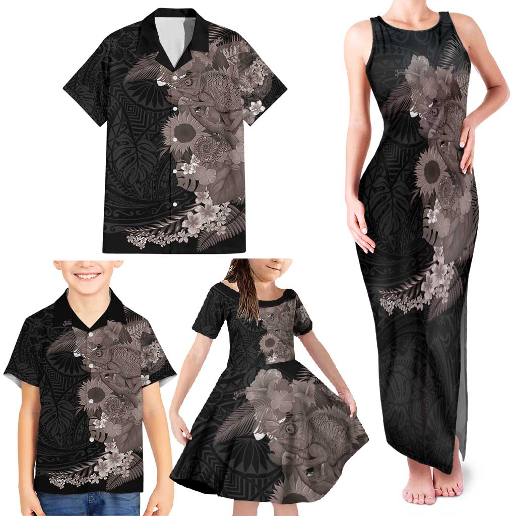 Hawaiian Tropical Plants and Chameleon Family Matching Tank Maxi Dress and Hawaiian Shirt Polynesian Art Grayscale LT03 - Polynesian Pride