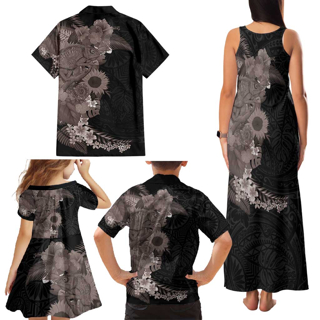 Hawaiian Tropical Plants and Chameleon Family Matching Tank Maxi Dress and Hawaiian Shirt Polynesian Art Grayscale - Polynesian Pride