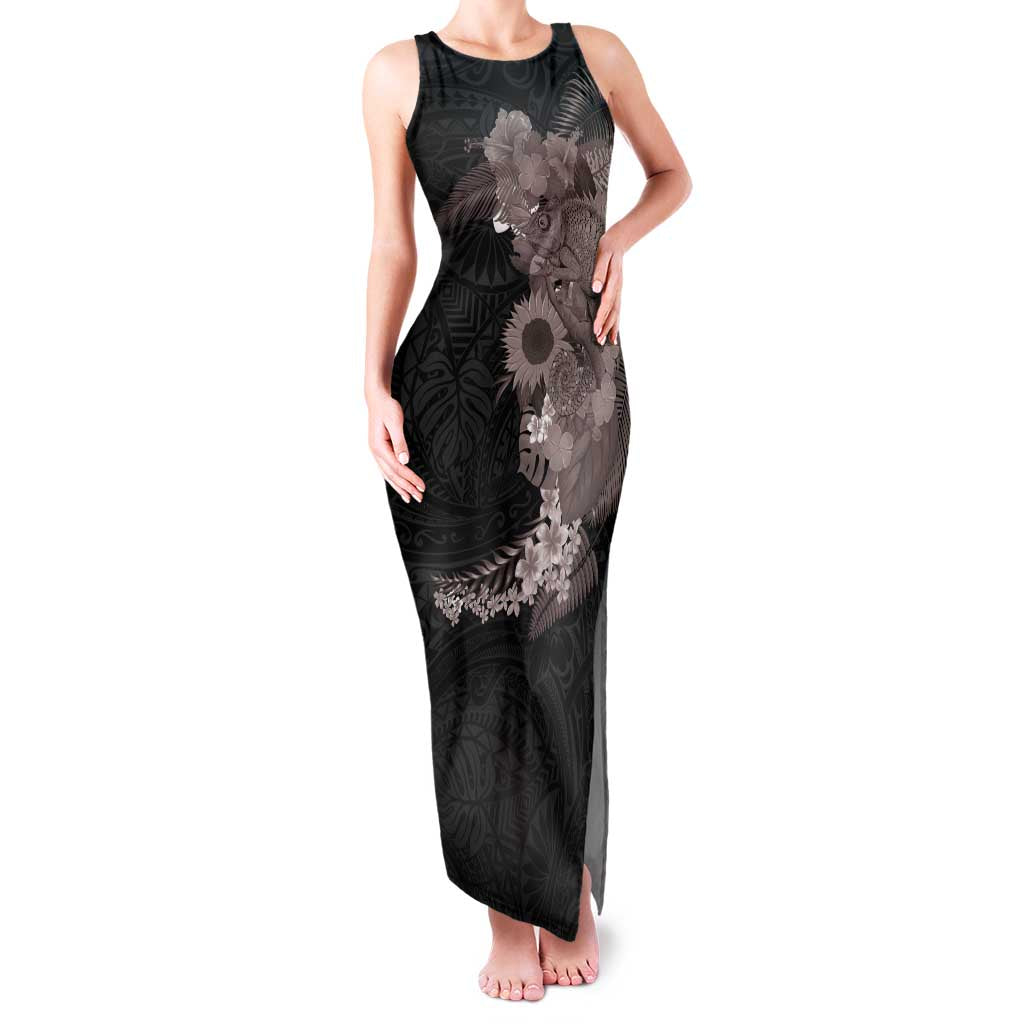 Hawaiian Tropical Plants and Chameleon Family Matching Tank Maxi Dress and Hawaiian Shirt Polynesian Art Grayscale - Polynesian Pride