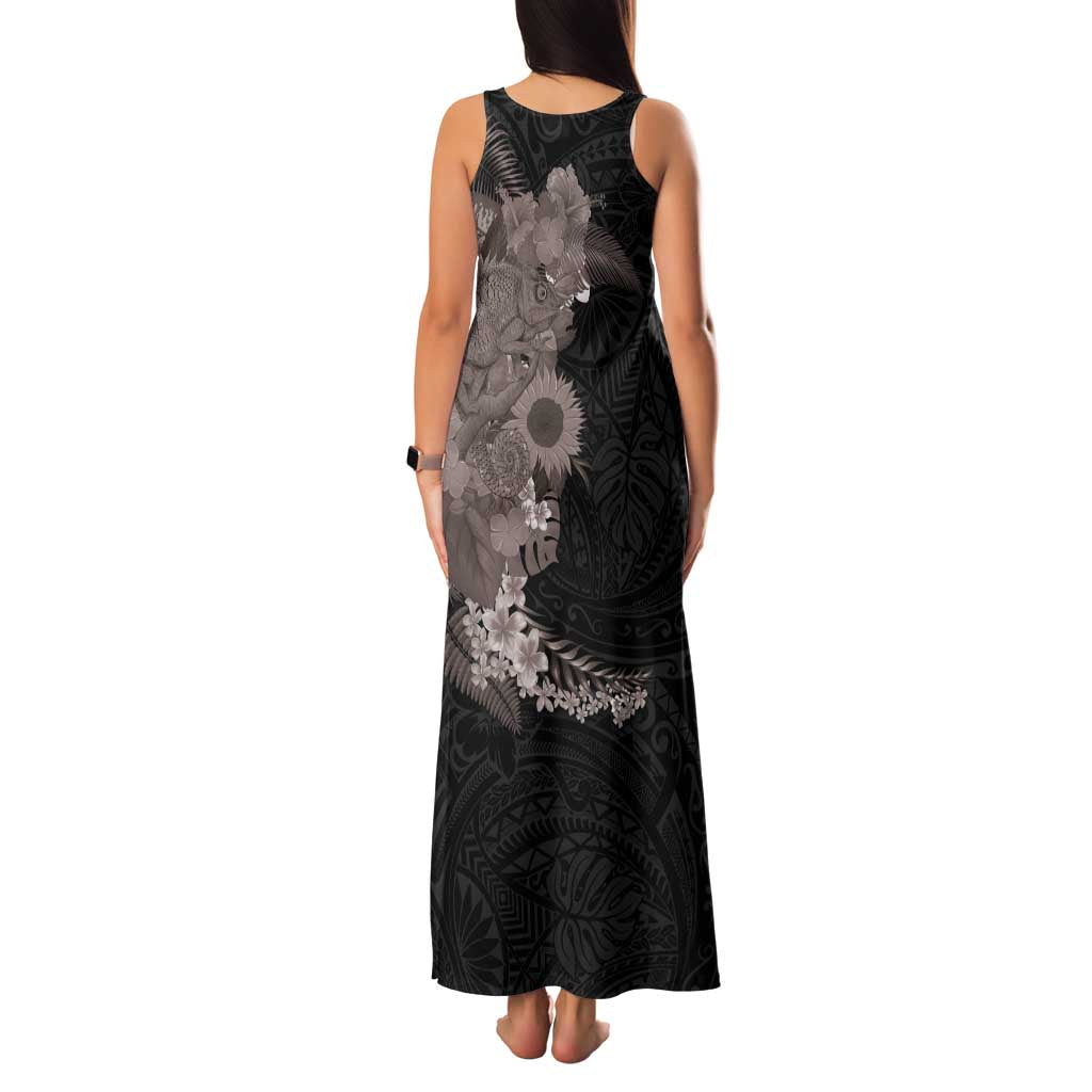 Hawaiian Tropical Plants and Chameleon Family Matching Tank Maxi Dress and Hawaiian Shirt Polynesian Art Grayscale - Polynesian Pride