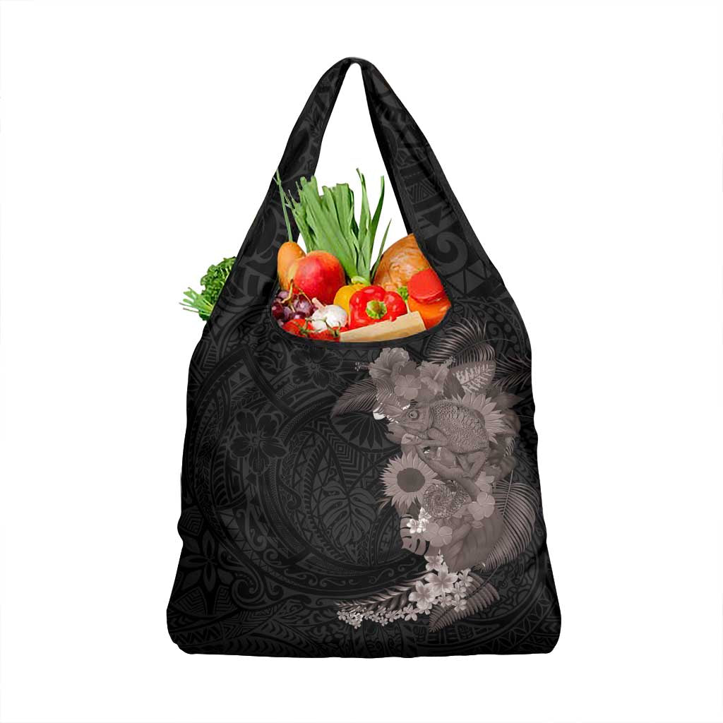 Hawaiian Tropical Plants and Chameleon Grocery Bag Polynesian Art Grayscale LT03 1-pack One Size Black - Polynesian Pride