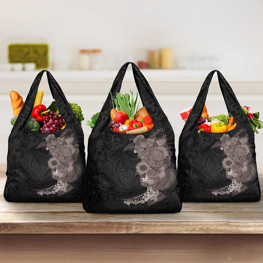 Hawaiian Tropical Plants and Chameleon Grocery Bag Polynesian Art Grayscale LT03 3-pack One Size Black - Polynesian Pride