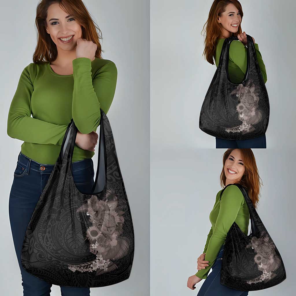 Hawaiian Tropical Plants and Chameleon Grocery Bag Polynesian Art Grayscale LT03 - Polynesian Pride