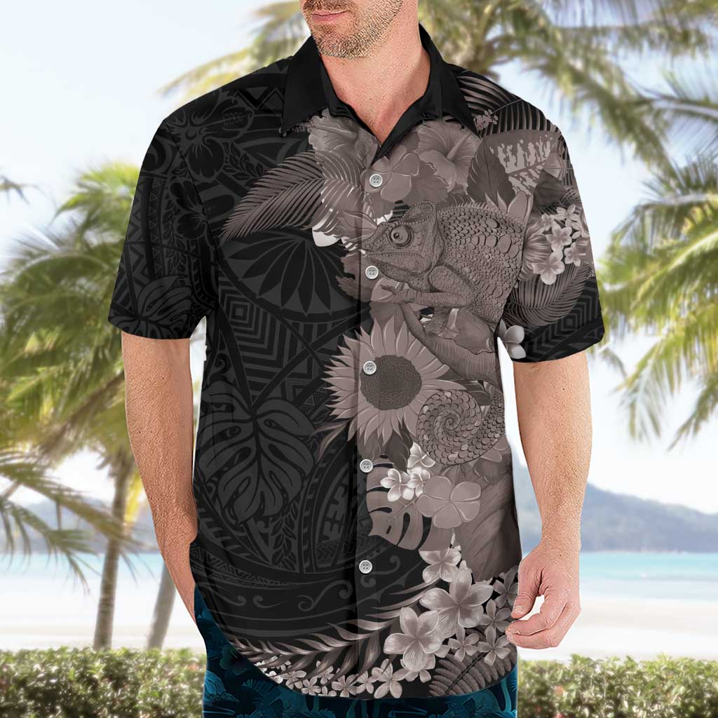 Hawaiian Tropical Plants and Chameleon Hawaiian Shirt Polynesian Art Grayscale - Polynesian Pride