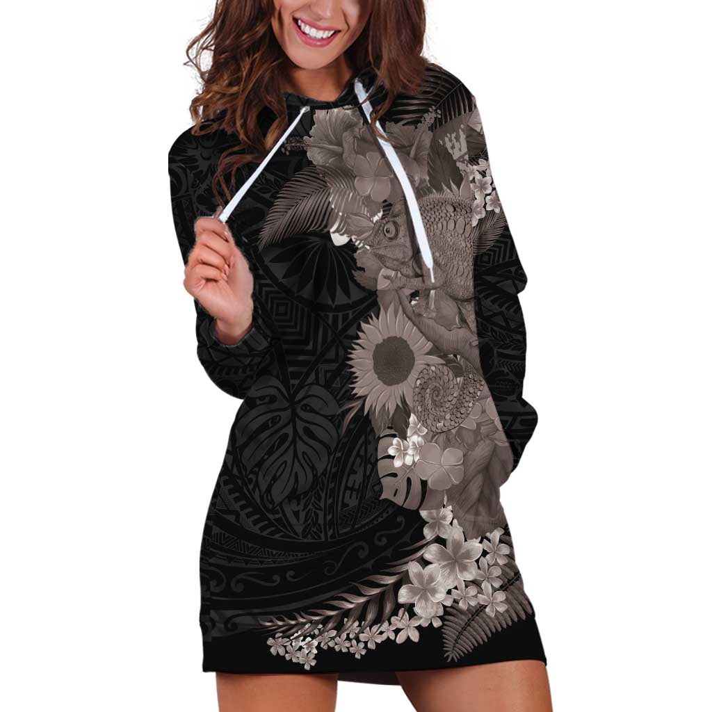 Hawaiian Tropical Plants and Chameleon Hoodie Dress Polynesian Art Grayscale - Polynesian Pride