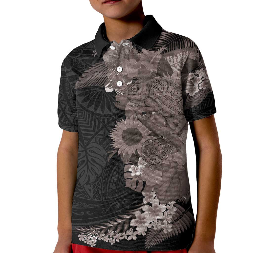 Hawaiian Tropical Plants and Chameleon Kid Polo Shirt Polynesian Art Grayscale - Polynesian Pride