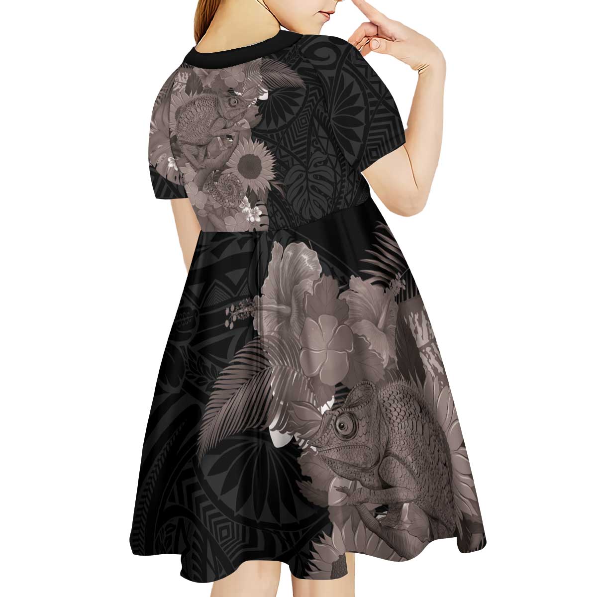 Hawaiian Tropical Plants and Chameleon Kid Short Sleeve Dress Polynesian Art Grayscale - Polynesian Pride