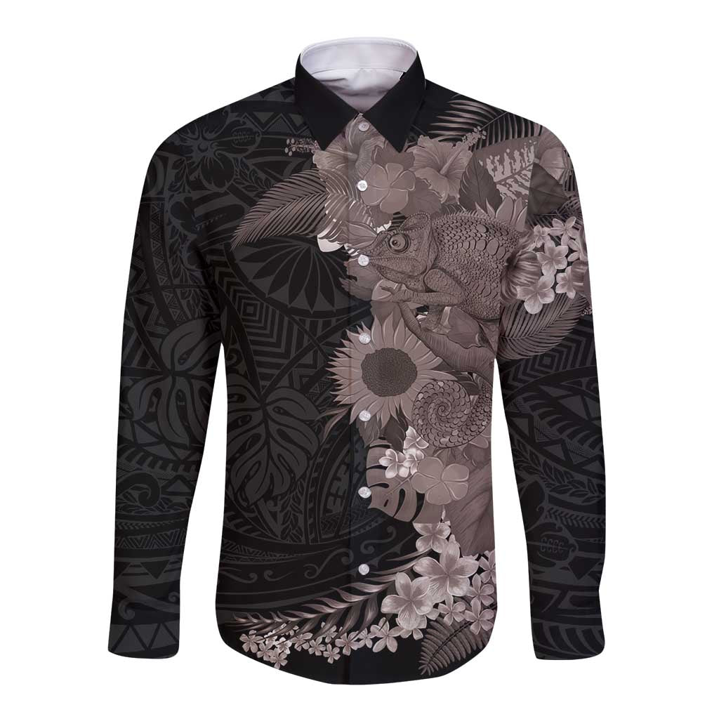 Hawaiian Tropical Plants and Chameleon Long Sleeve Button Shirt Polynesian Art Grayscale LT03 Unisex Black - Polynesian Pride