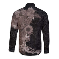 Hawaiian Tropical Plants and Chameleon Long Sleeve Button Shirt Polynesian Art Grayscale LT03 - Polynesian Pride