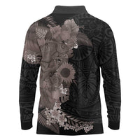 Hawaiian Tropical Plants and Chameleon Long Sleeve Polo Shirt Polynesian Art Grayscale - Polynesian Pride