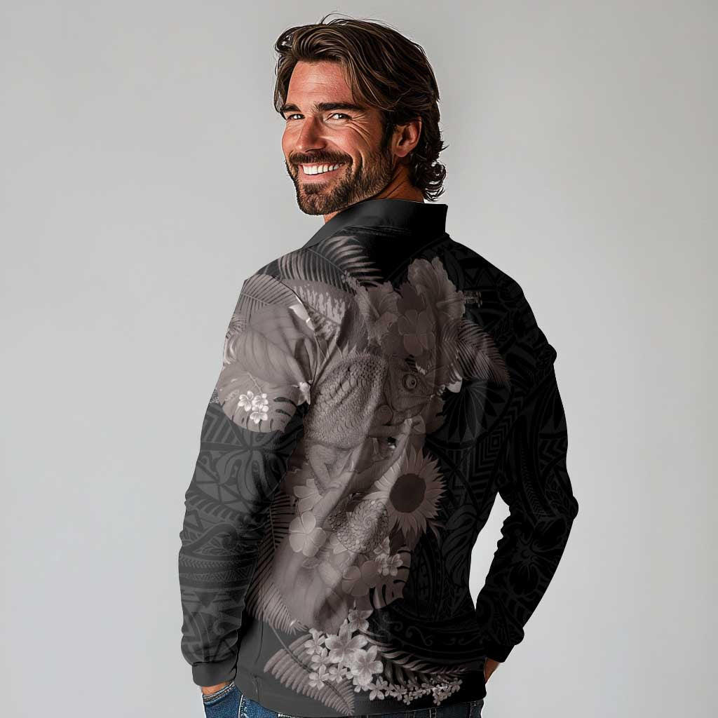 Hawaiian Tropical Plants and Chameleon Long Sleeve Polo Shirt Polynesian Art Grayscale - Polynesian Pride