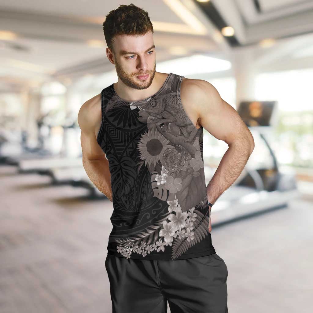 Hawaiian Tropical Plants and Chameleon Men Tank Top Polynesian Art Grayscale LT03 Black - Polynesian Pride