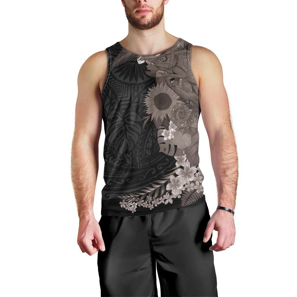 Hawaiian Tropical Plants and Chameleon Men Tank Top Polynesian Art Grayscale LT03 - Polynesian Pride