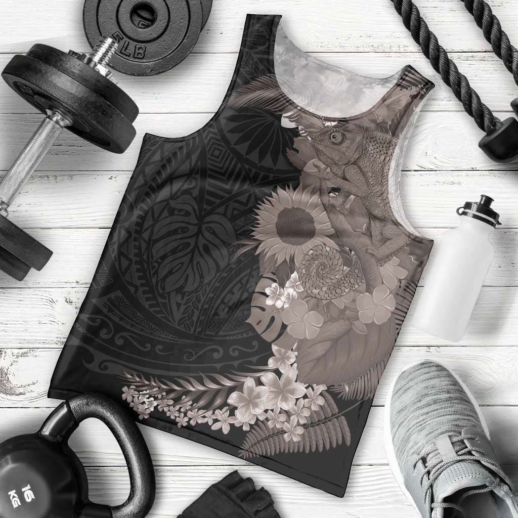 Hawaiian Tropical Plants and Chameleon Men Tank Top Polynesian Art Grayscale LT03 - Polynesian Pride