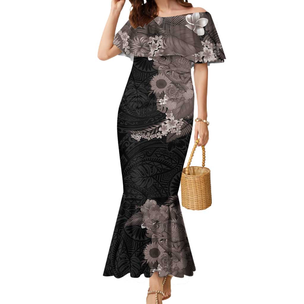 Hawaiian Tropical Plants and Chameleon Mermaid Dress Polynesian Art Grayscale - Polynesian Pride