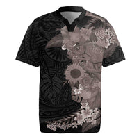 Hawaiian Tropical Plants and Chameleon Rugby Jersey Polynesian Art Grayscale LT03 Black - Polynesian Pride
