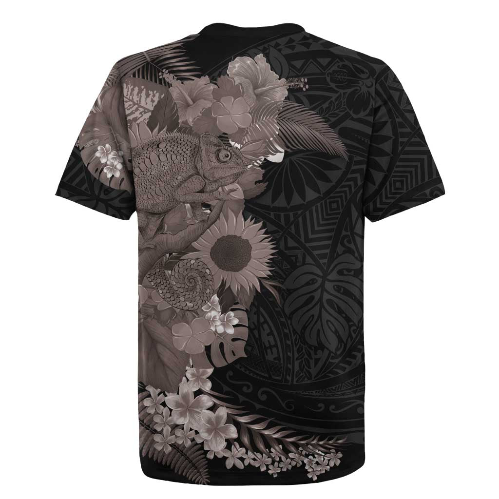 Hawaiian Tropical Plants and Chameleon Rugby Jersey Polynesian Art Grayscale LT03 - Polynesian Pride
