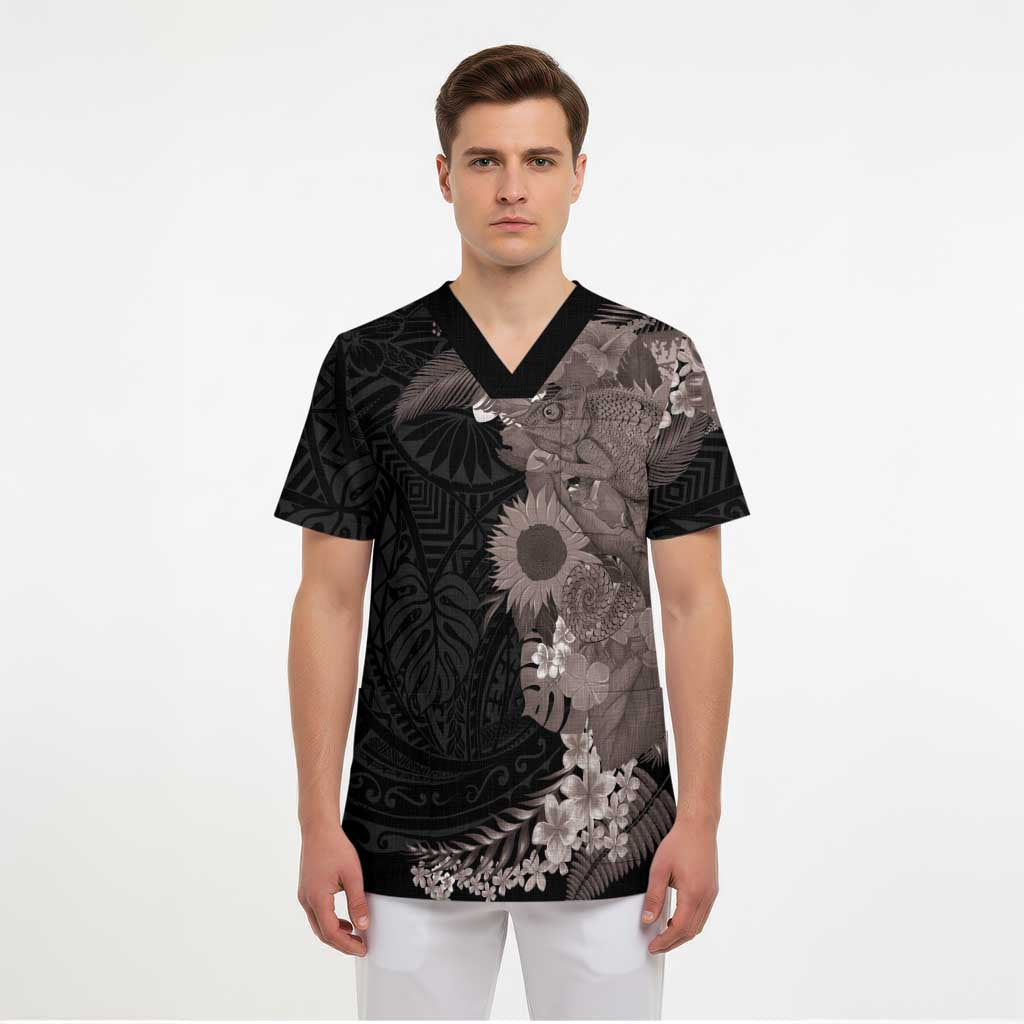 Hawaiian Tropical Plants and Chameleon Scrub Top Polynesian Art Grayscale - Polynesian Pride
