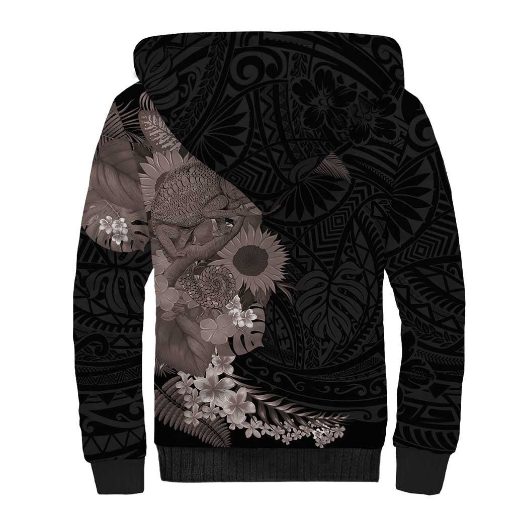 Hawaiian Tropical Plants and Chameleon Sherpa Hoodie Polynesian Art Grayscale LT03 - Polynesian Pride