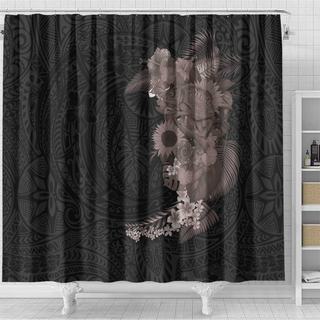 Hawaiian Tropical Plants and Chameleon Shower Curtain Polynesian Art Grayscale - Polynesian Pride
