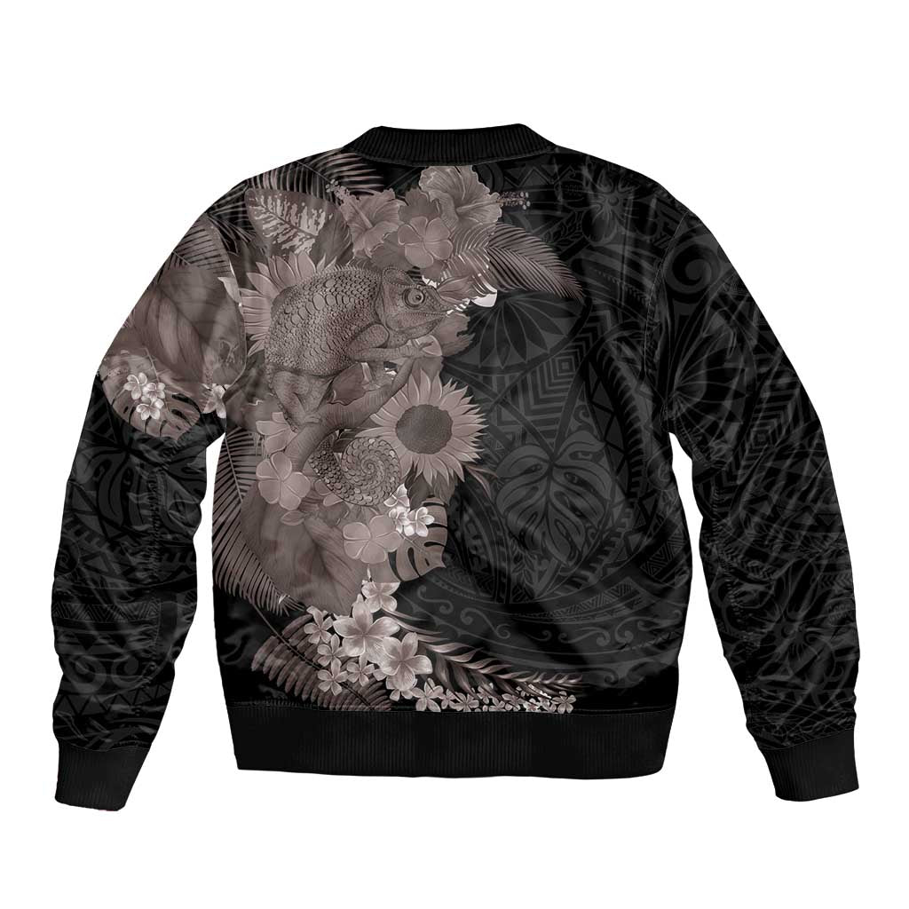 Hawaiian Tropical Plants and Chameleon Sleeve Zip Bomber Jacket Polynesian Art Grayscale - Polynesian Pride