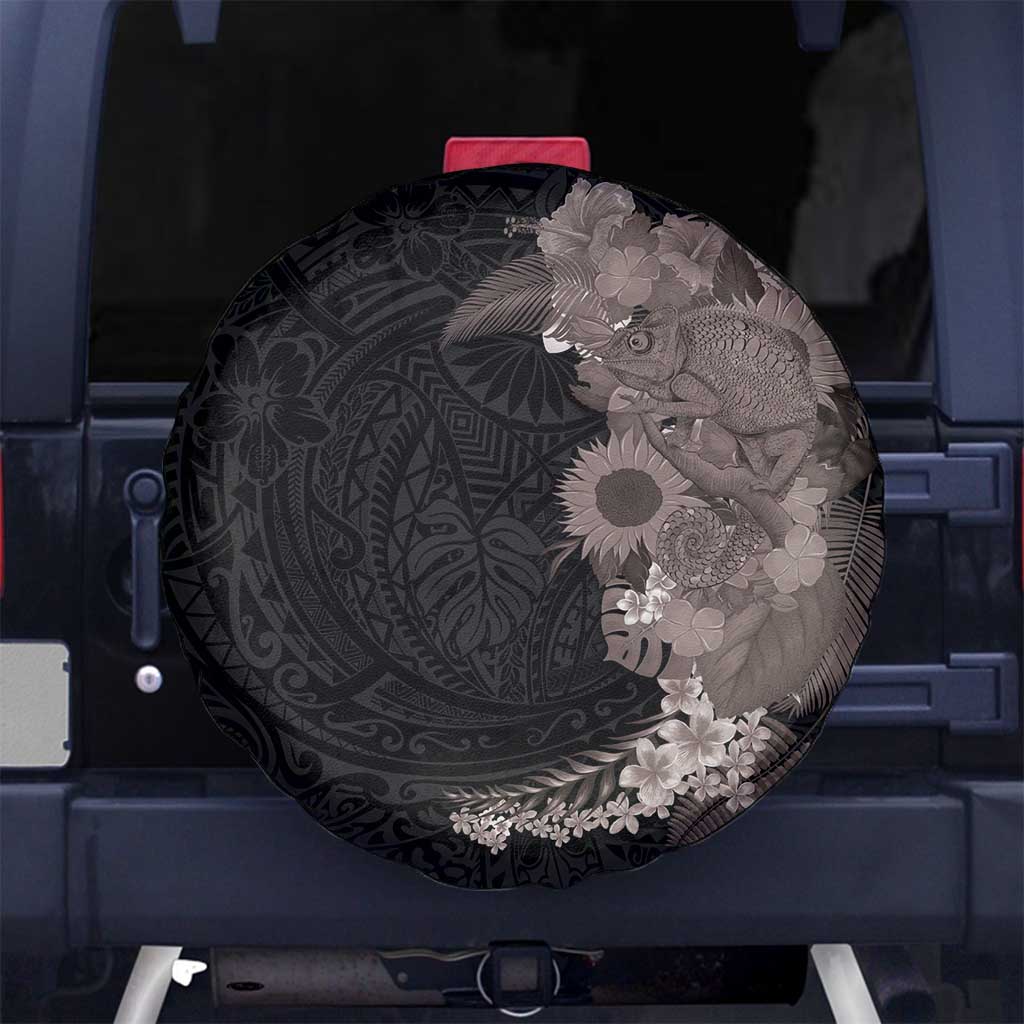 Hawaiian Tropical Plants and Chameleon Spare Tire Cover Polynesian Art Grayscale - Polynesian Pride