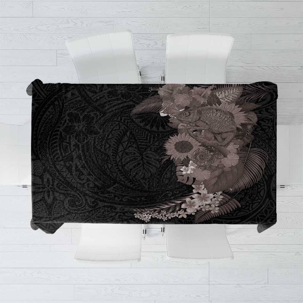 Hawaiian Tropical Plants and Chameleon Tablecloth Polynesian Art Grayscale LT03 Black - Polynesian Pride