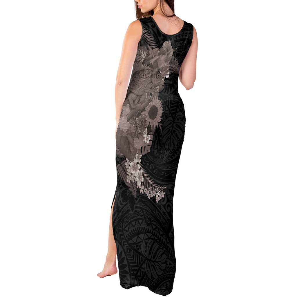 Hawaiian Tropical Plants and Chameleon Tank Maxi Dress Polynesian Art Grayscale - Polynesian Pride