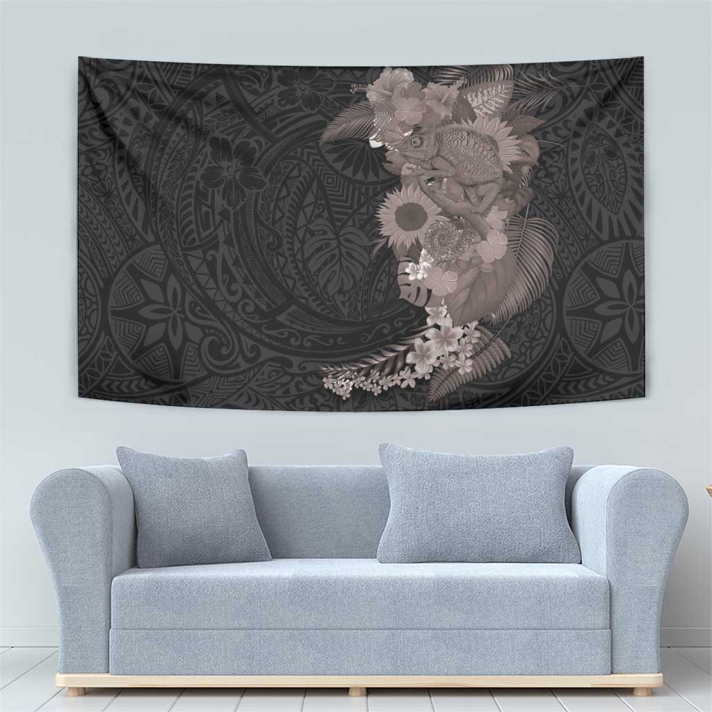 Hawaiian Tropical Plants and Chameleon Tapestry Polynesian Art Grayscale - Polynesian Pride
